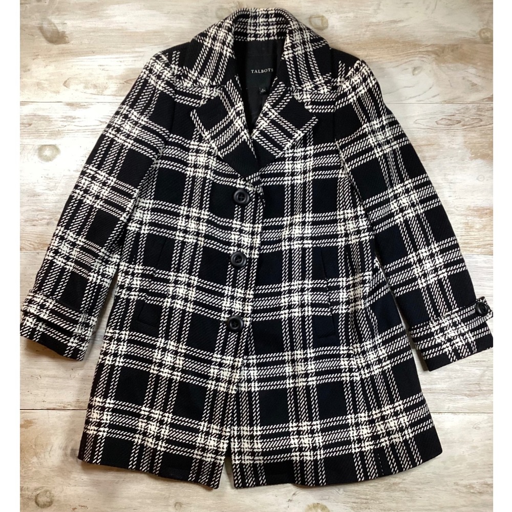 Talbots Womens Black White Plaid Wool Blend Car Coat Jacket Size 6 preppy